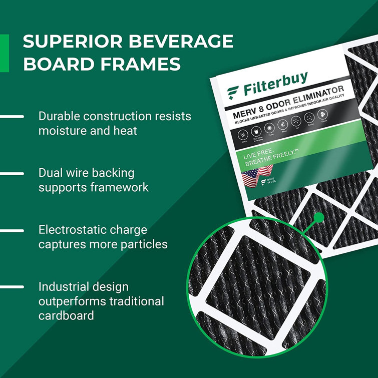 Filterbuy 16x20x1 Air Filter MERV 8 Odour Eliminator, Pleated HVAC AC